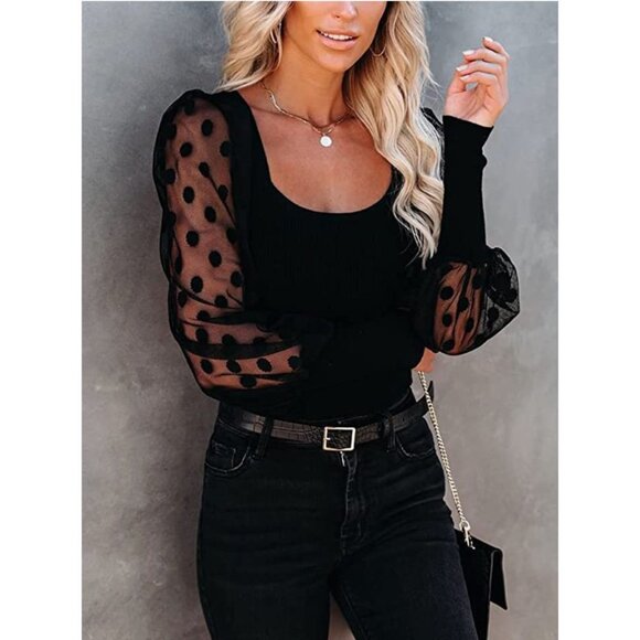 Black Ribbed Knit Polka Dot Mesh Long‎ Puff Sleeve Sweater Top Blouse - Picture 1 of 6